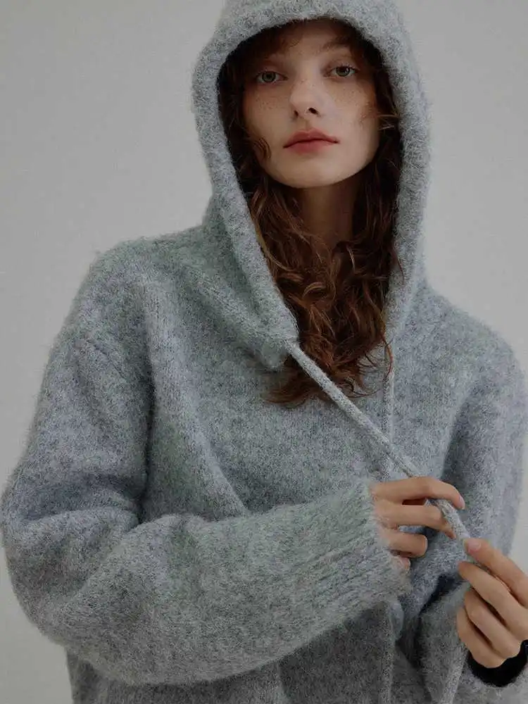 French Grey Drawstring Knitted Sweater For Women'S Autumn And Winter Fashion Hooded Loose Short Top