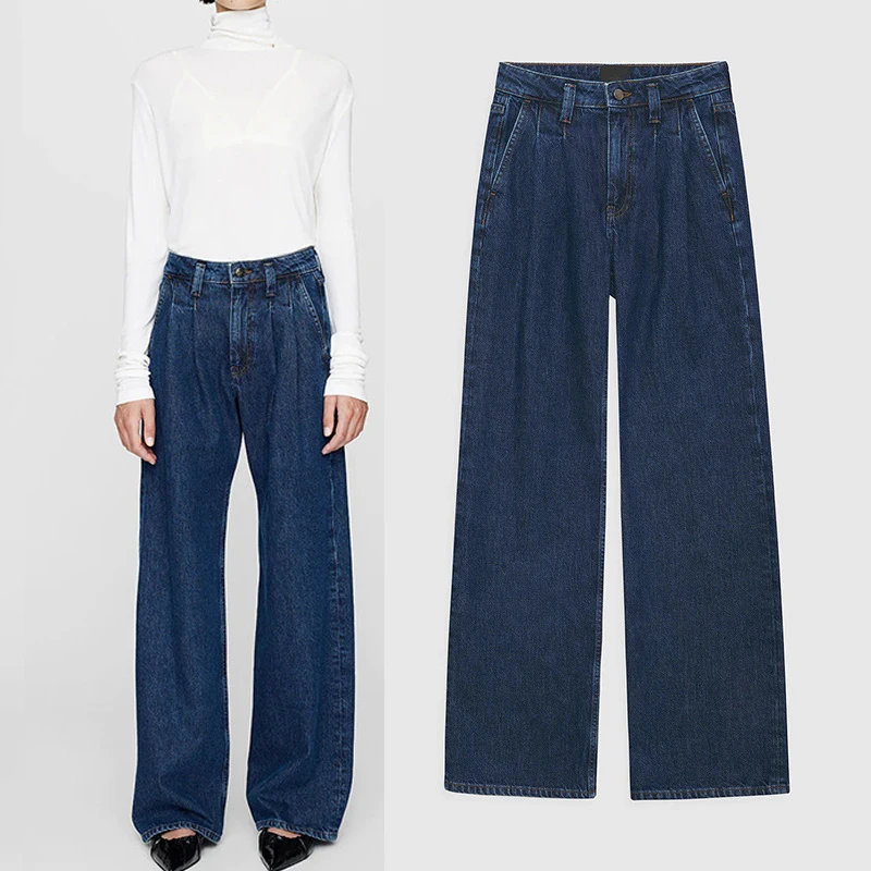 Pantalon en denim bleu ample pour femme, jean à jambes larges, mode décontractée