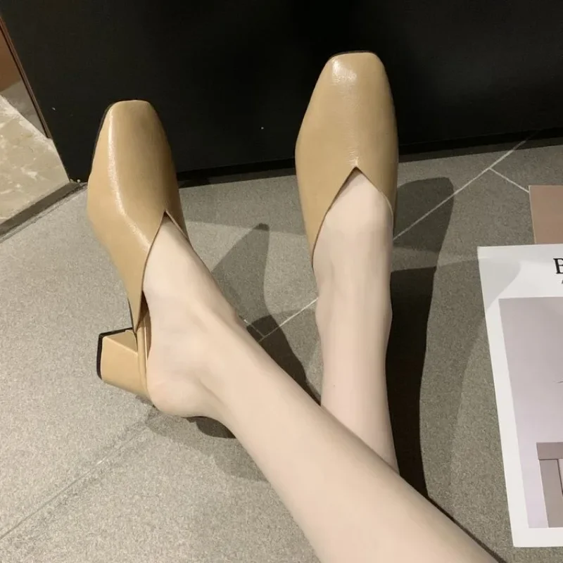 Baotou Half Slippers Women 2024 Summer New Outer Wear Fashion Solid Color Square Toe Thick Heel High-heeled Women\'s Shoes