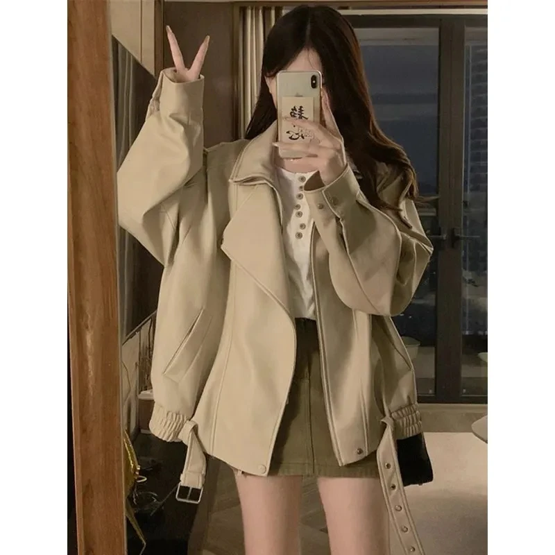 Korean Oversized Moto Faux Leather Jacket Women Beige Wide Lapel Strap Detail Elastic Cuff Loose Short Biker Coat Outerwear