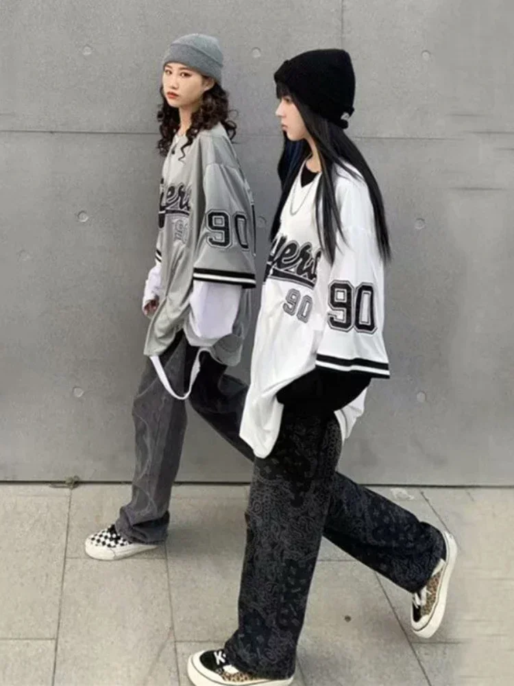 ADAgirl Baseball Oversize Blouse Women Streetwear Hip Hop Short Half Sleeve Shirts Girl Vintage Printed Korean Style Femme Tops