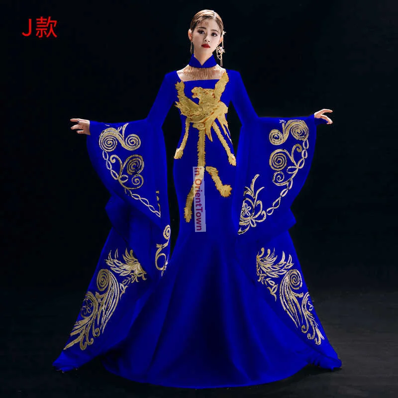 Chinese Style Blue Host Dress for Women Gorgeous Stage Performance Cheongsam in OrientTown Fashion Show Spring Autumn Long Dress
