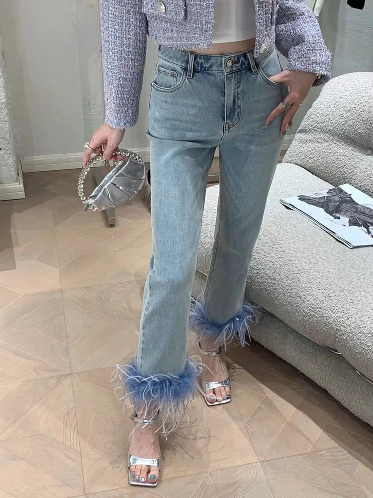 Women's Jeans High Waist Spliced Feathers Slim Cotton Stretch Denim Ankle-Length Pencil Pants 2024 Autumn New Fashion