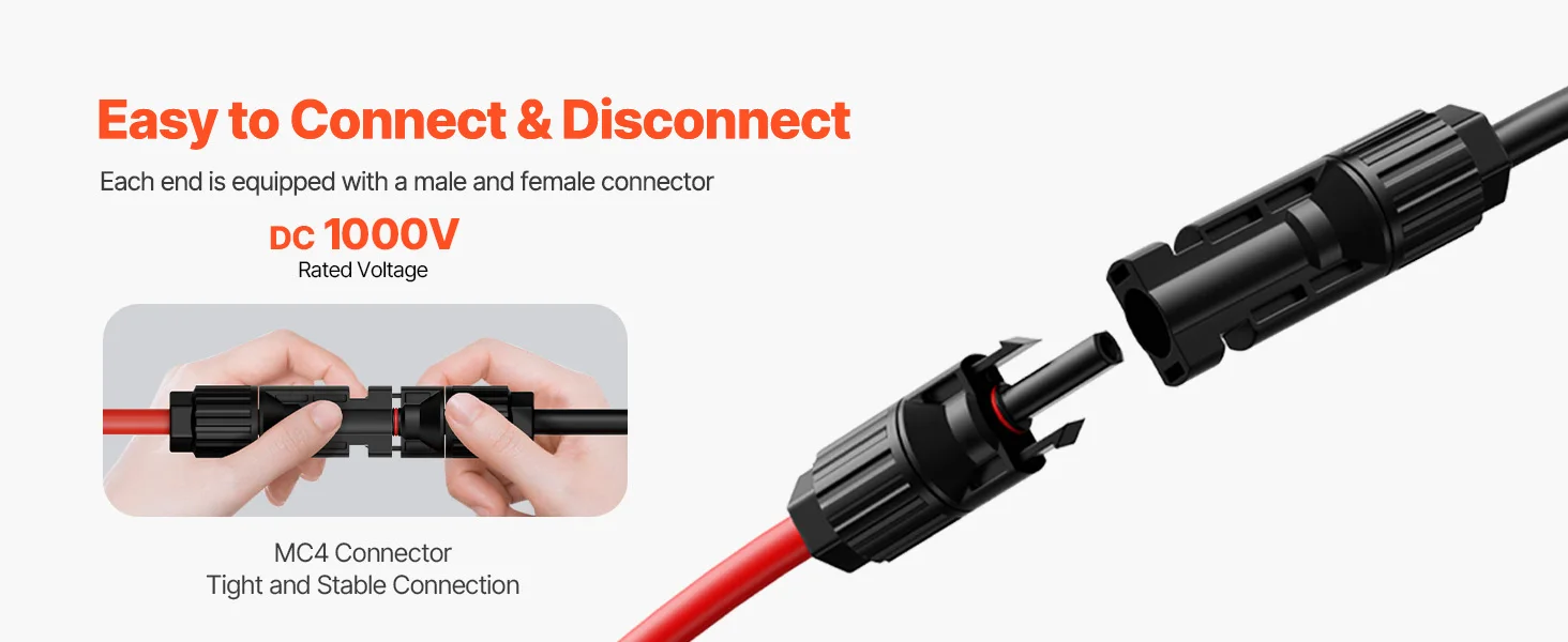 SucceBuy Solar Panel Extension Cable 20FT Black + 20FT Red / 30FT Black + 30FT Red / 50FT Black + 50FT Red / 100FT Black + 100FT Red 10AWG with Female & Male Waterproof Connectors 6mm² PV Cable for Home Ship