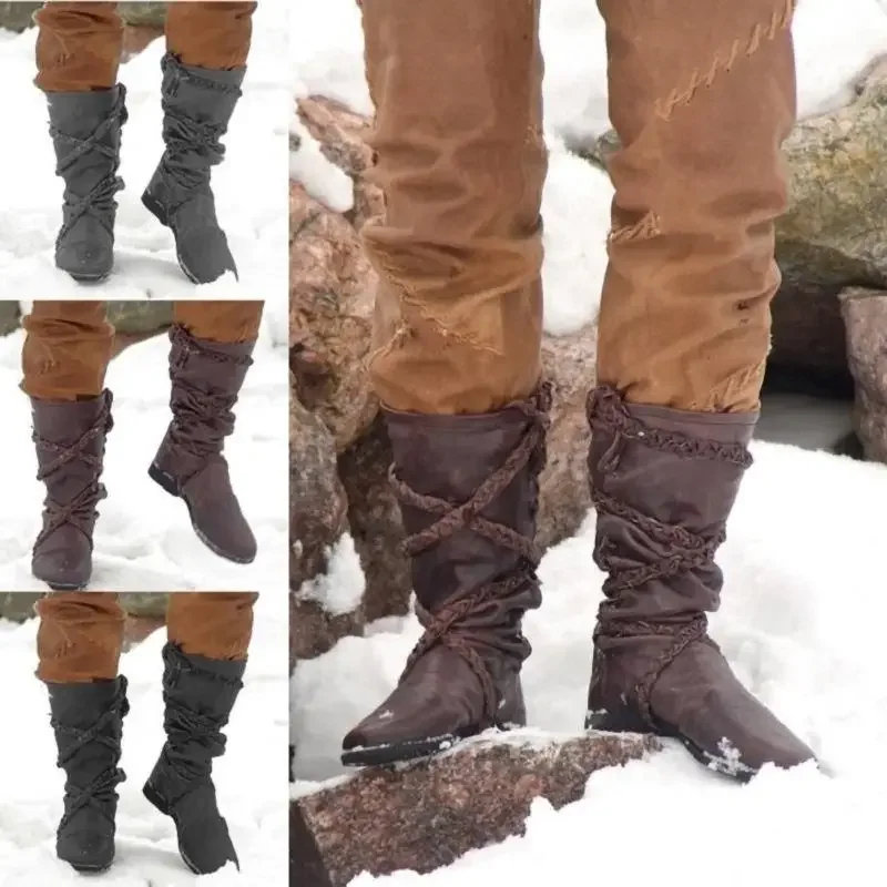 Halloween Cosplay Medieval Viking Pirate Costume Retro Men's Boots Mid-Calf Winter Boot Knight Women Bandage Gothic Shoes UY5963