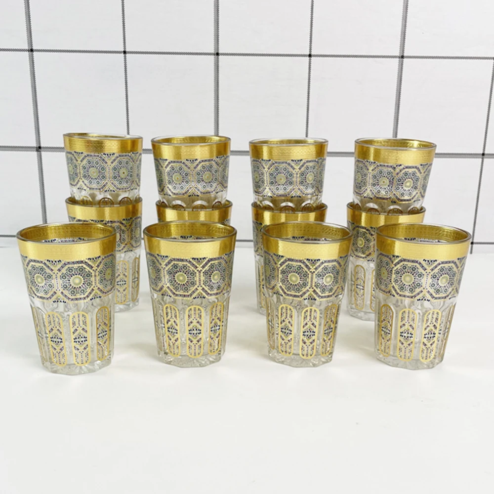 Middle East Gold Stamping Glass Teacup, Restaurant Coffee Cup, Home Decor Table Serving, Moroccan Glass Tea Cup, 12-Piece/Set