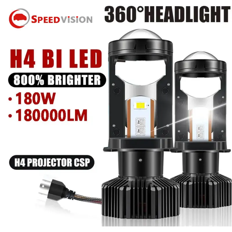 H4 Bi LED Lens Projector Mini Bulb 180W Canbus 180000LM Fanless Headlight For Car Motorcycle Dual High Low Beam 9-32V Plug&play