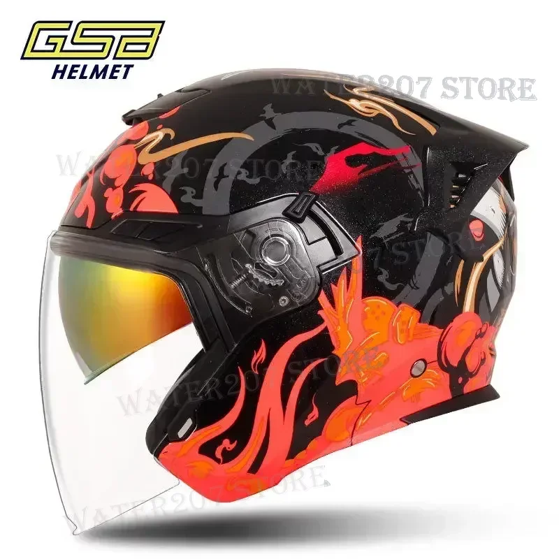 GSB 3/4 Open Face Motorcycle Helmet Male Female Electric Half Helmet Semi Overlapping Double Lens Four Seasons 3/4 Safety