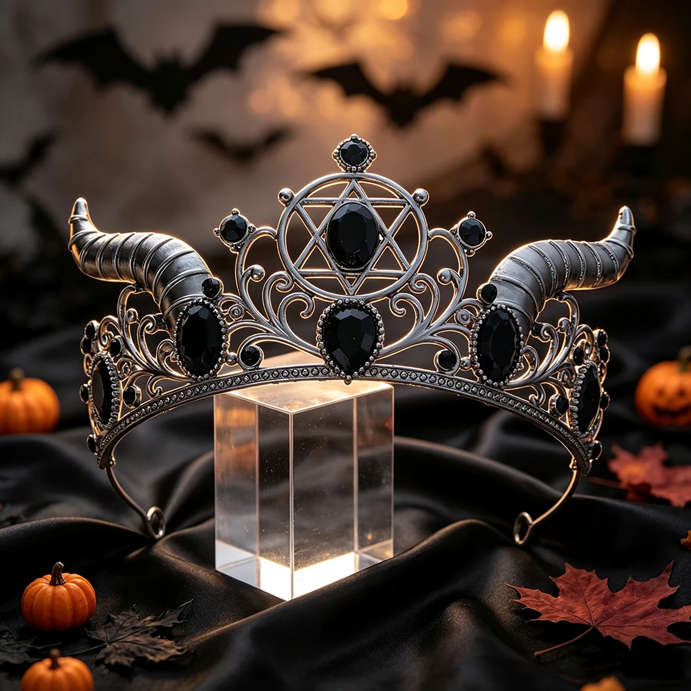 Gothic Punk Devil Horn Tiara Crown Antique Gun Black Pentagram Witch Head with Halloween Makeup Ball Dress Up Hair Accessories