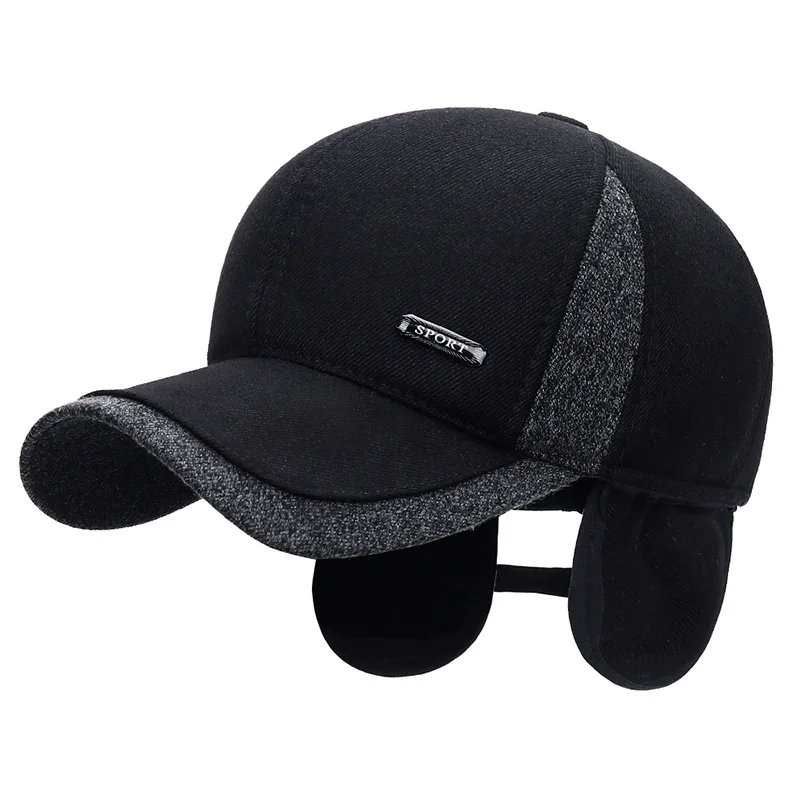 Verstellbare Baseballkappe für Herren mit Gehörschutz, verdicktem, atmungsaktivem Polyester, nur zum Händewaschen, unelastische Passform – warm im Freien