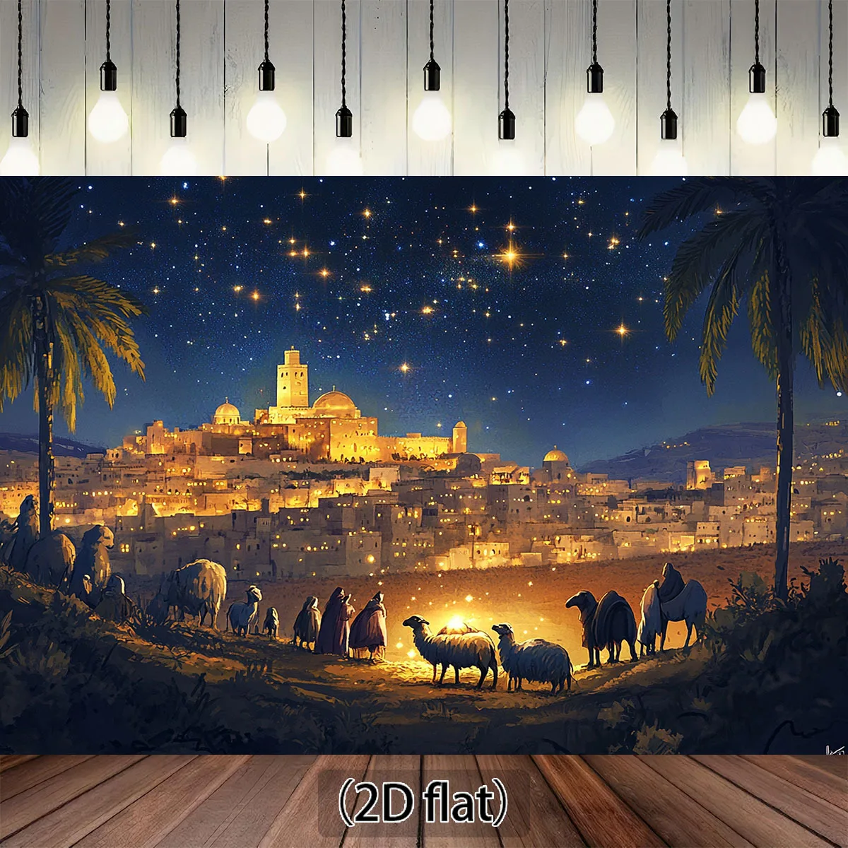 1 Stück 2D flacher Hintergrund der Bethlehem Geburtsszene, Sternenhimmel, Stadtlichter und Palmen – Polyester, Weihnachtsdekoration
