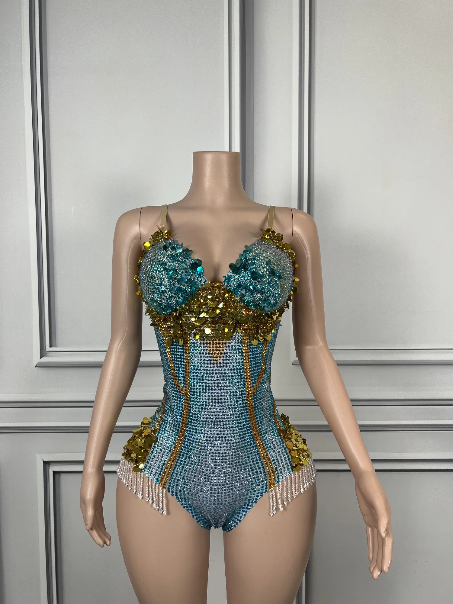 Meimeigaoduan Sexy Spaghetti Strap Bodysuit Turquoise Gold Rhinestone Sequins With Bead Fringe For Singer Nightclub Stage Show
