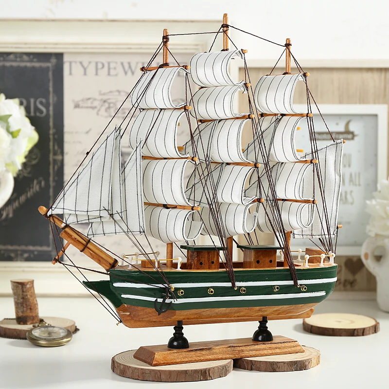 Mediterranean wooden sailboat model ornaments solid wood simulation craft boat bar decoration handmade   home decoration