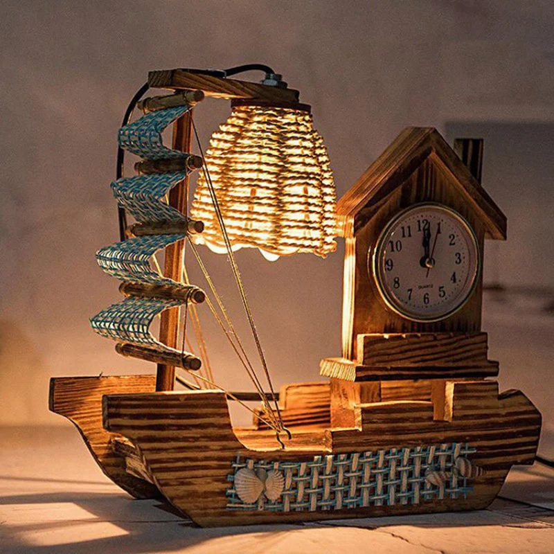 Sailboat Woodiness Lamp Clock With A Clock With Warming Light Strings Multi-Functional Electronic Clock