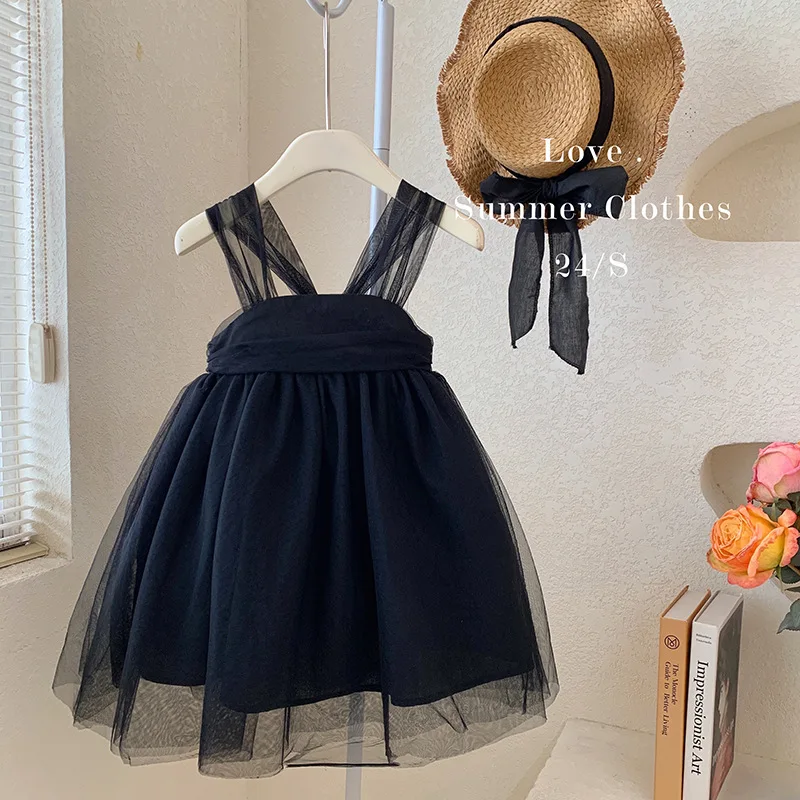 2024 Summer Girls New Product Childrens Fashion Bow Sweet and Cute Solid Color Simple Dress Trend Kids Clothes