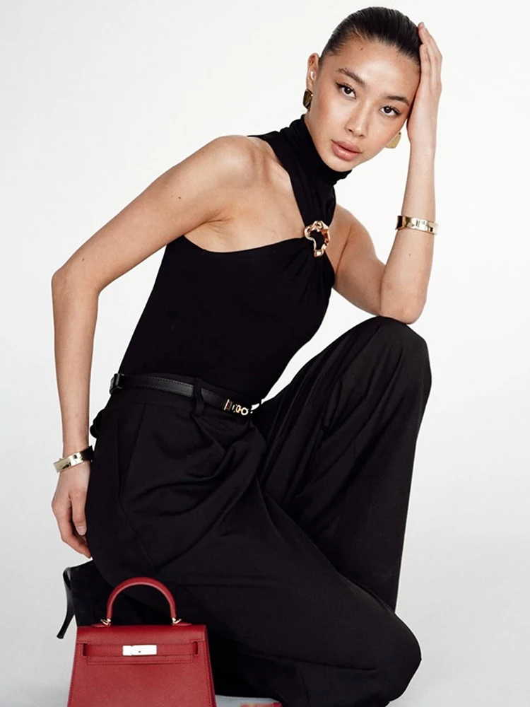 Sisterlinda ฤดูใบไม้ผลิ Release Junior แฟชั่น High Street เสื้อยืด K24D61160 สาวคอเต่า Slim Dew ไหล่เสื้อยืด