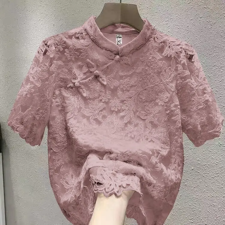 Short-sleeved Chiffon Shirt Summer 2025 New Style Button Chinese National Style Lace T-shirt Top