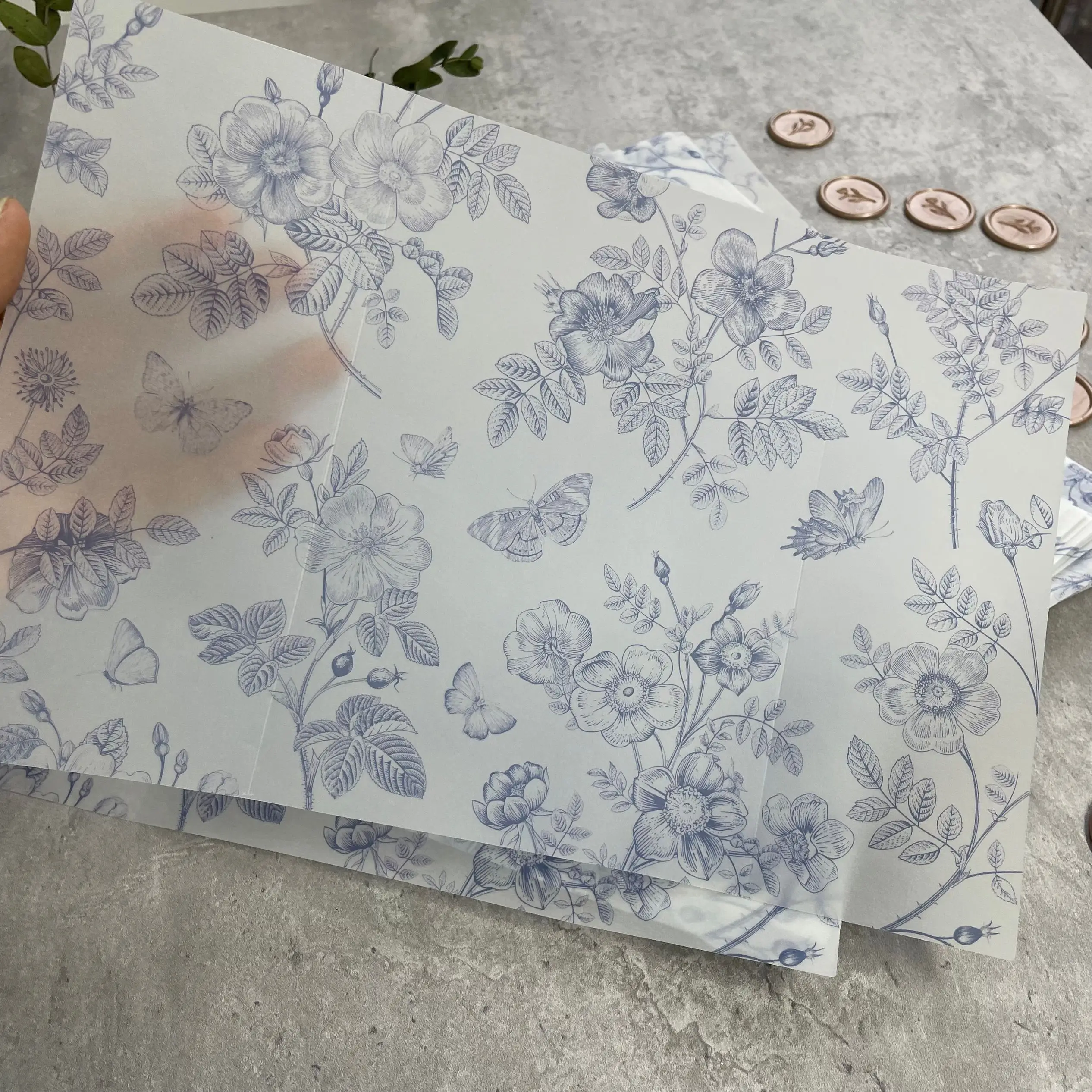 5*7in Blue Floral Vellum Wrap for Wedding invitations.50/100pcs