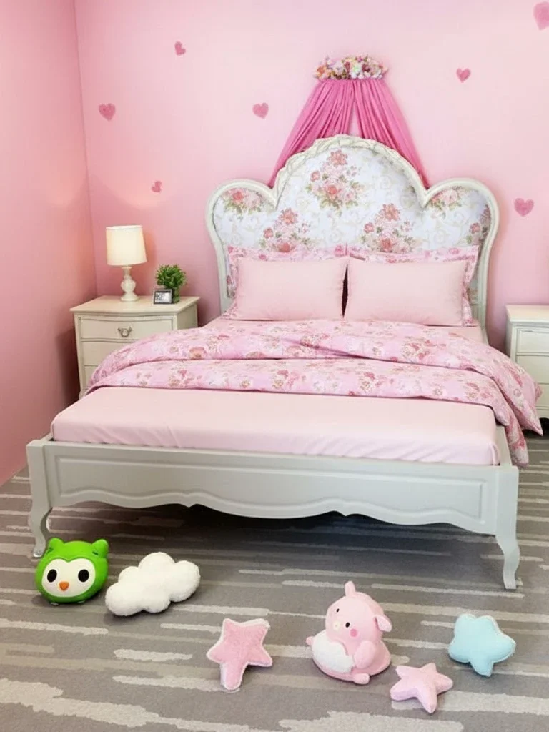 Girl pink flower bedside modern simple girl bed villa princess bed