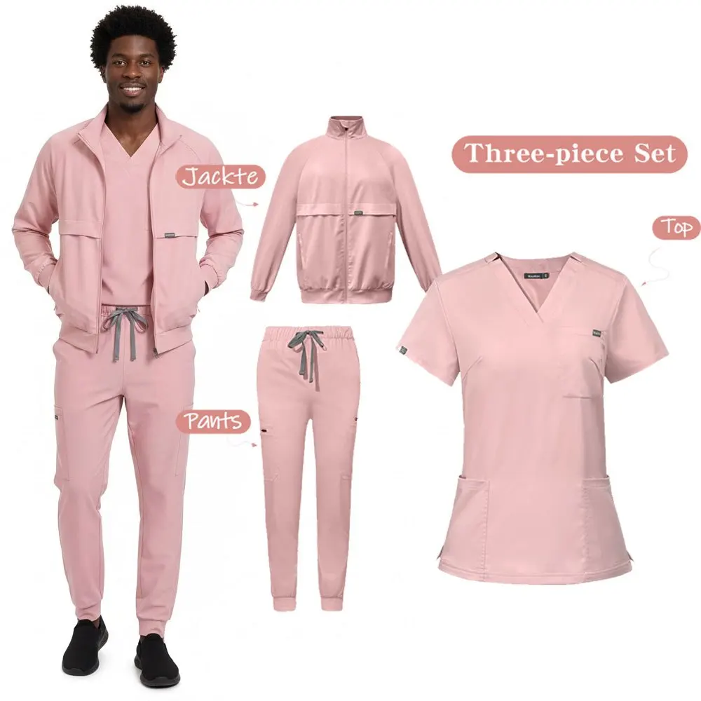 

Stretch V-Neck Nurse Uniform 3-Piece Set: Long Trousers, Jacket & Short-Sleeved Top, Comfortable Workwear