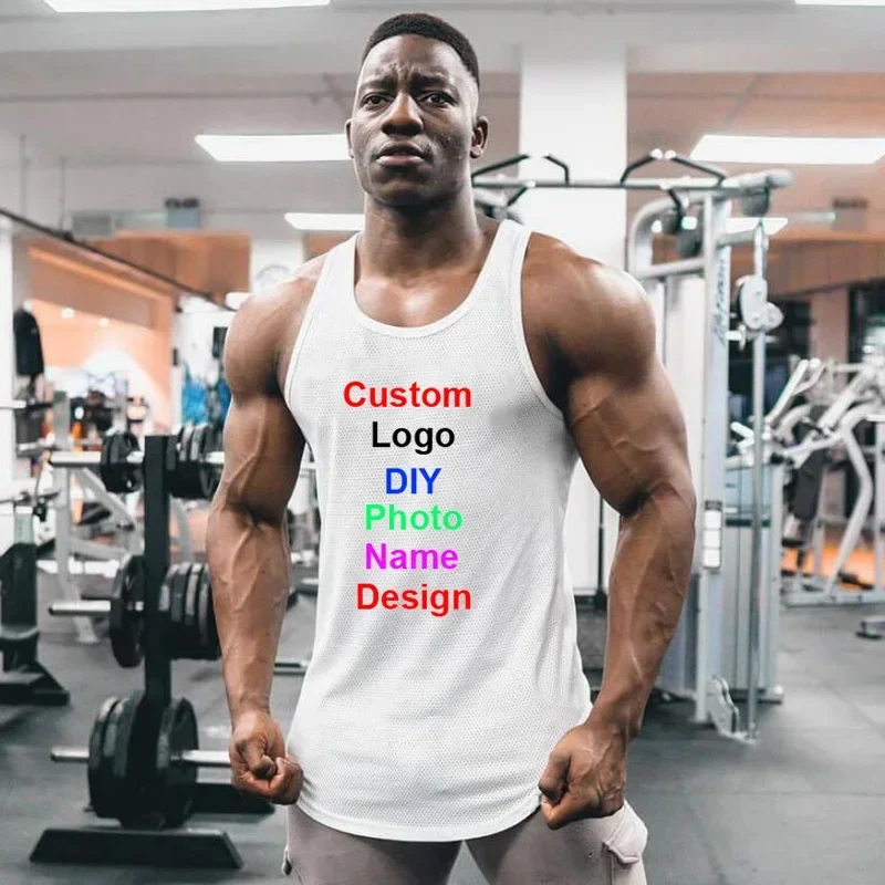 Customized Photo Logo OWN Design Mens Quick Dry Mesh Fitness Clothing Gym Stringer Tank Top Men Bodybuilding Vest Workout Shirt