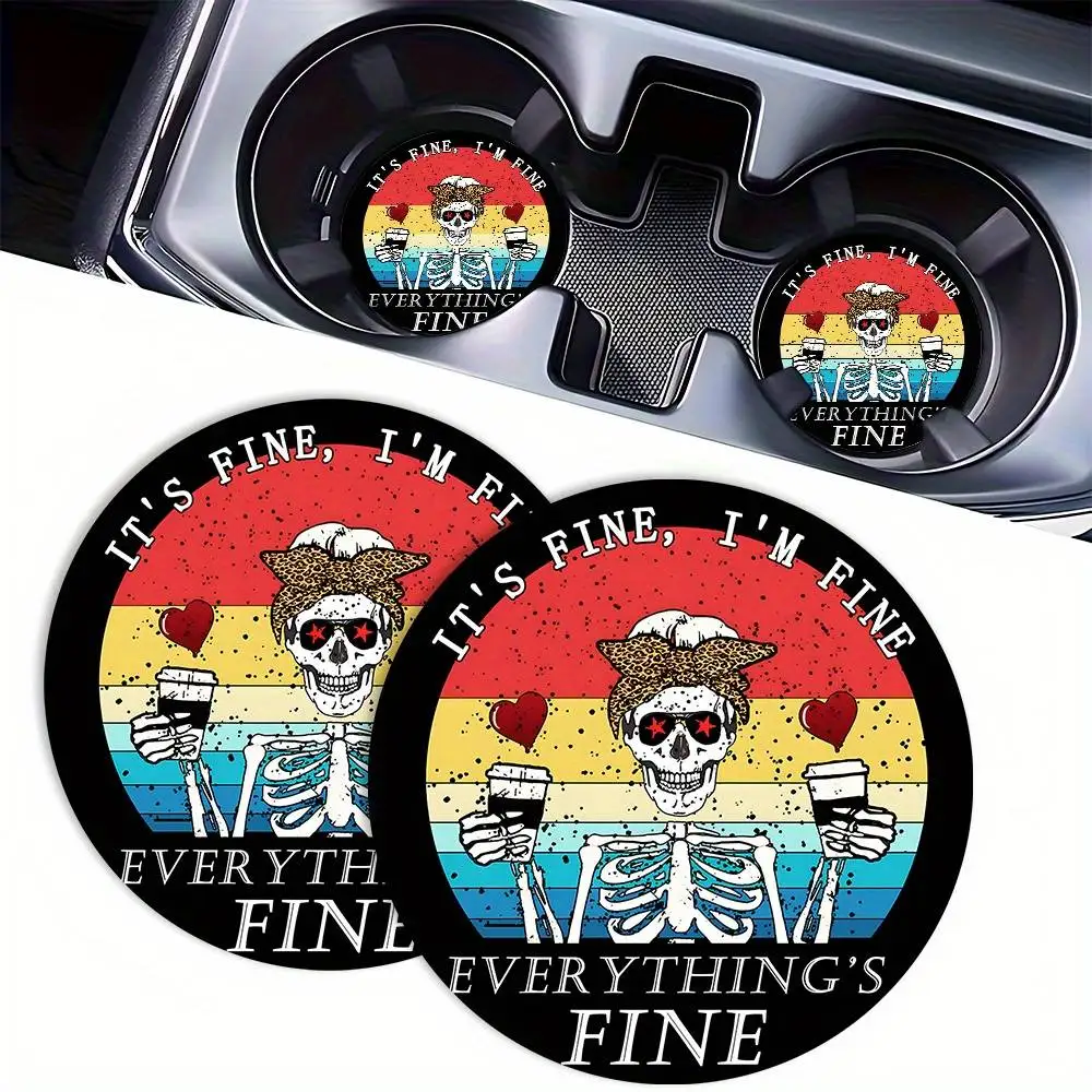 Funny Skeleton Driver Beer Mug Pattern Car Coasters Car Cup Holder Mat Auto Interior Decor Accessories