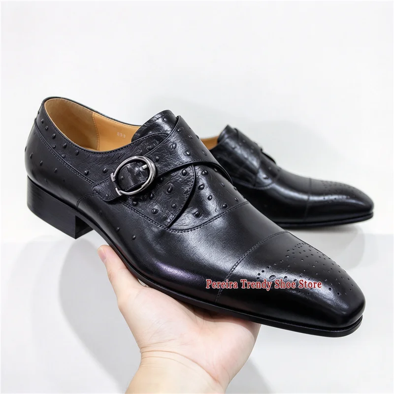 Men Cowhide Ostrich Pattern Embossed Derby Shoes Metal Buckle Pointed Toe Business Casual Shoes Banquet Wedding Formal Shoes