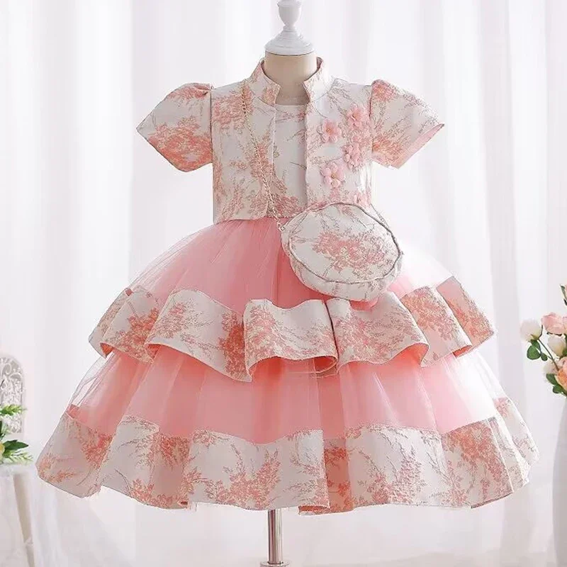 Elegant Jacquard Pattern Tulle Patchwork Dress Kids Girls Princess Party Casual Birthday Dresses 3pcs/set Warm Dress for Girls