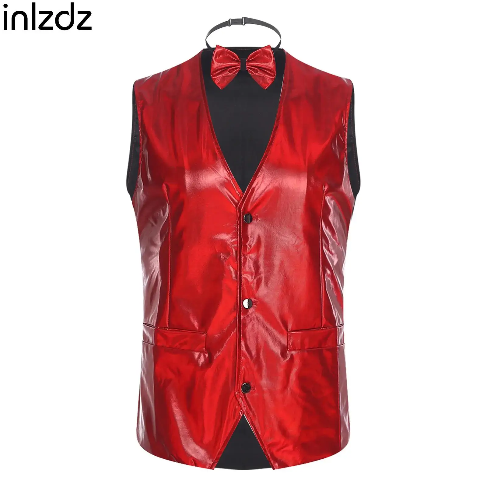 

Mens 70s Disco Shiny Vest Sleeveless Pointed Hem Button-down Waistcoat with Bow Tie Party Gentleman Blazer Vest Festival Clothes