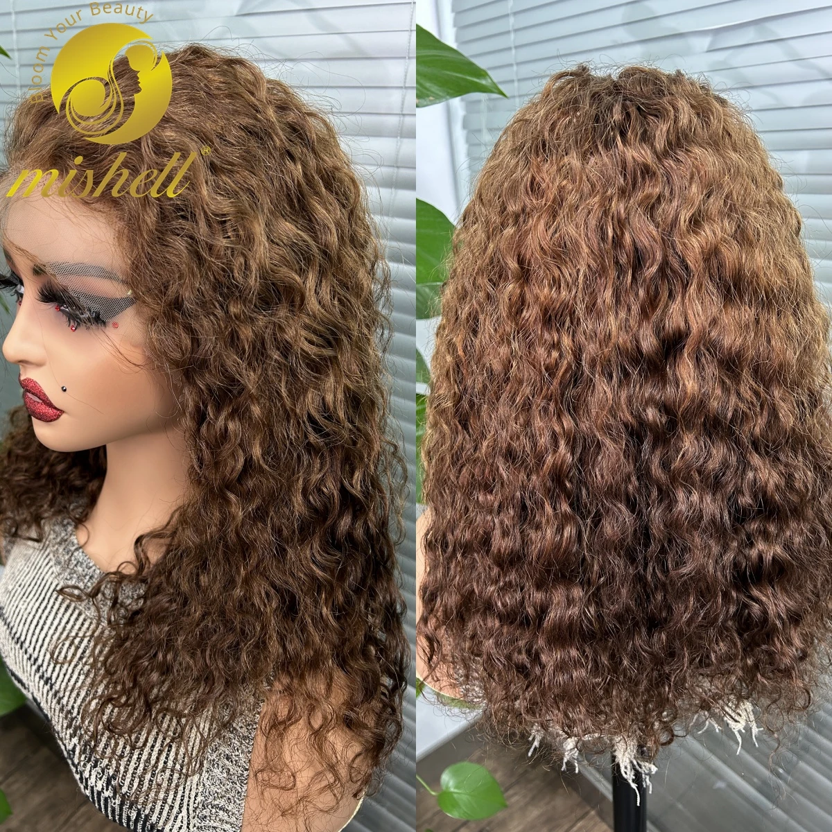 

4# Chocolate Brown Water Wave Human Hair Wigs 13x4 Transparent Full Lace Frontal African Curly Wig PrePlucked Remy for Women