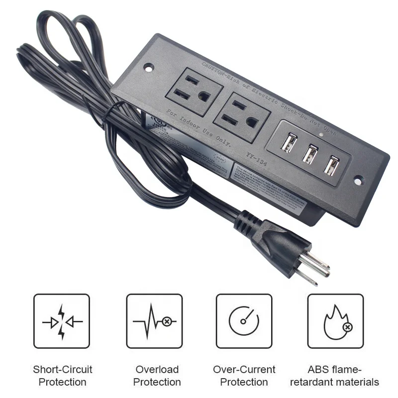 3 USB 2 Outlet Power Strip Table Desk Surface Mountable Recessed Furniture USA