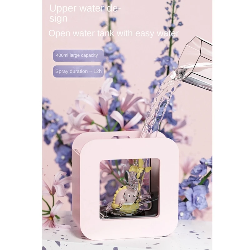 Humidificador de aire portátil de dibujos animados, difusor de aceites esenciales de aromaterapia, atmósfera, luz LED para el hogar, color rosa, 400Ml