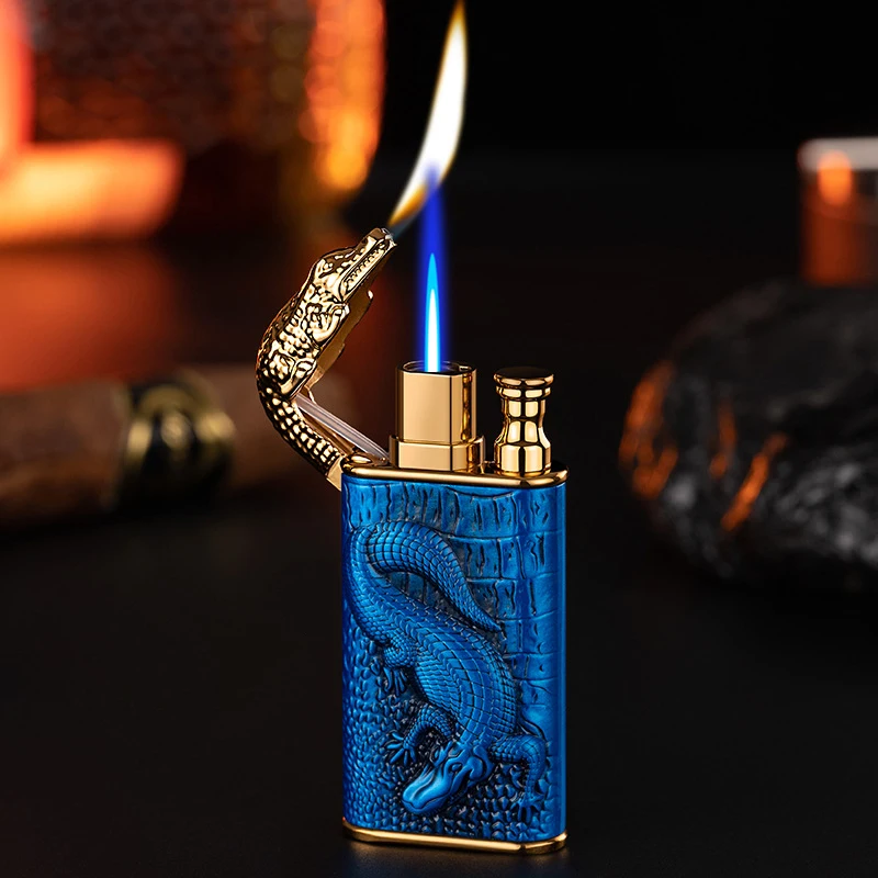 New 3D Relief Dragon Crocodile Double Fire Lighter Metal Windproof Jet Fire Open Fire Conversion Gas Lighter Smoking Men\'s Gift