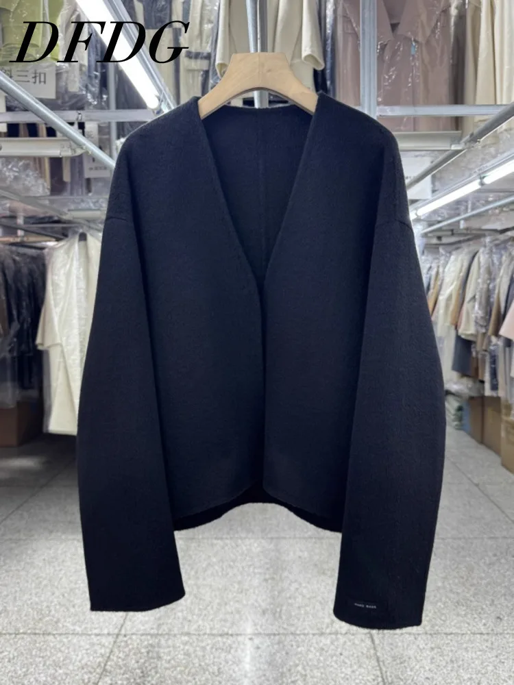 

DFDG 2025 SS Collarless Cropped Double-Faced Lambswool Coat Women Oversized Chic Minimalist Designer Coat AutumnBlend Jacket