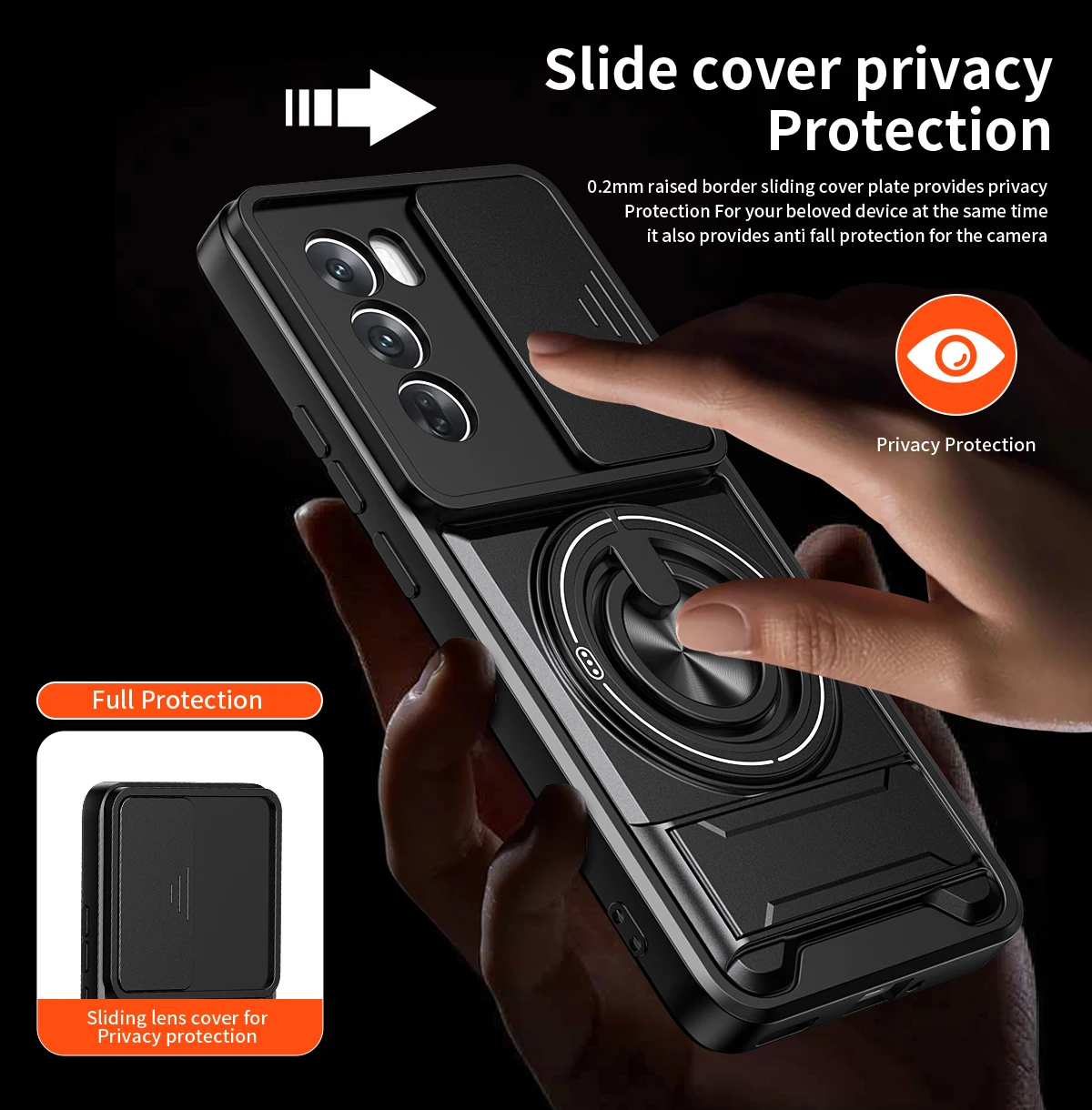 Etui na telefon OPPO Realme 14X 15X C71 C85 C65 C75 V60 RENO 12 PRO z przesuwaną osłoną aparatu, podwójnym uchwytem i magnetycznym pierścieniem ochronnym — zdjęcie produktu 3