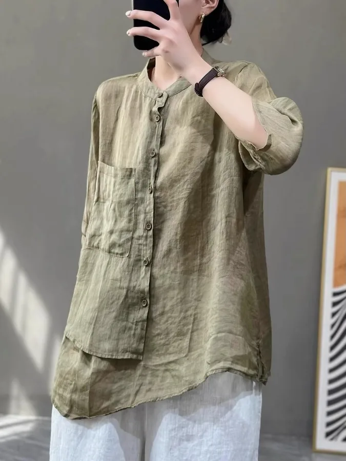 Künstlerische Sle Asymmetrische Loose Fit Damen Irt Baumwolle Leinen Material Sommer Vintage Kragen f Sve Unregelmäßiges Top