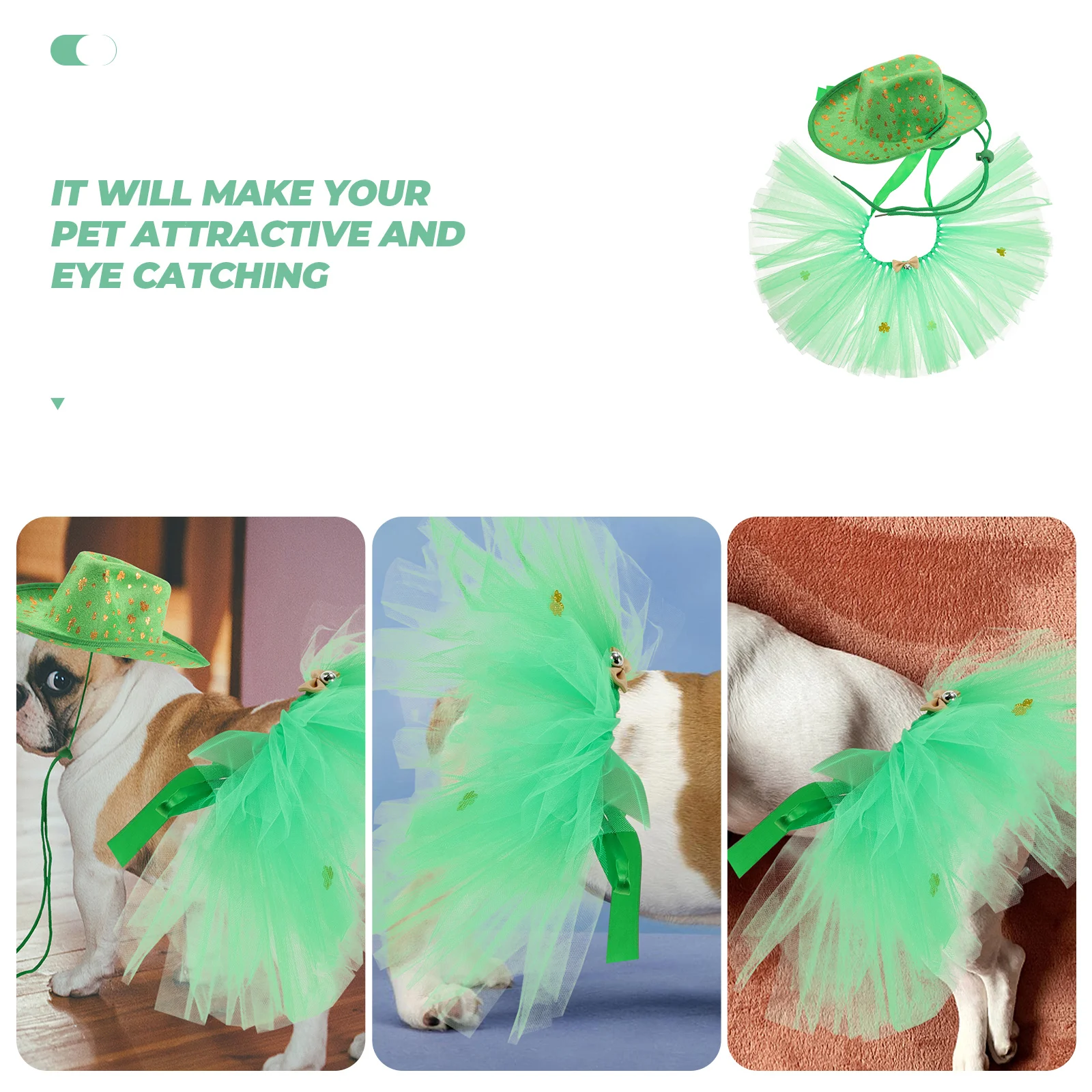 

Irish Day Skirt Set Saint Patrick Elements Pet Costume Small Dog Cat Tutu Hat Dress Green Adjustable Elastic Photoshoot Party