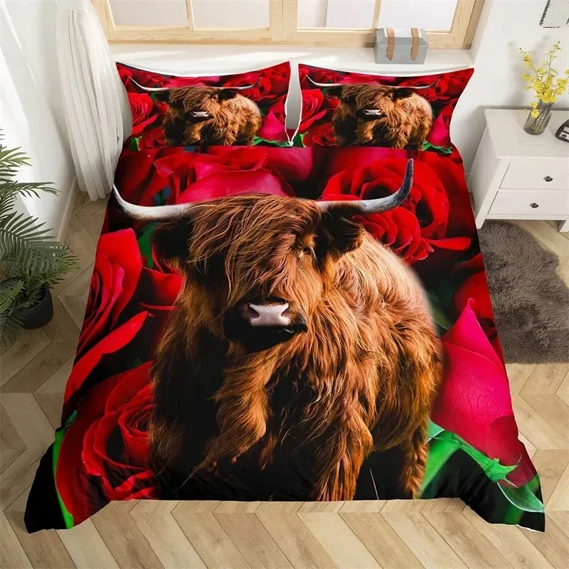 Highland Cow Bedding Set Farm Animal Duvet Cover Single King Queen Red Rose Comforter Cover Micr