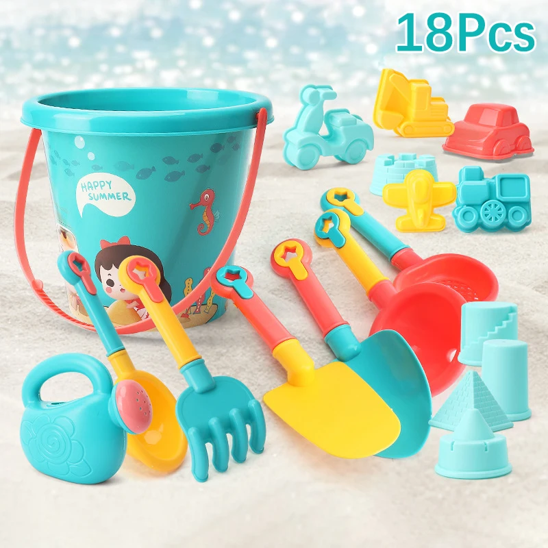 Divertidos juegos al aire libre de verano: juego de 18 piezas; Incluye cubo de playa, regadera, palas; Grandes juguetes de juego de arena para niños