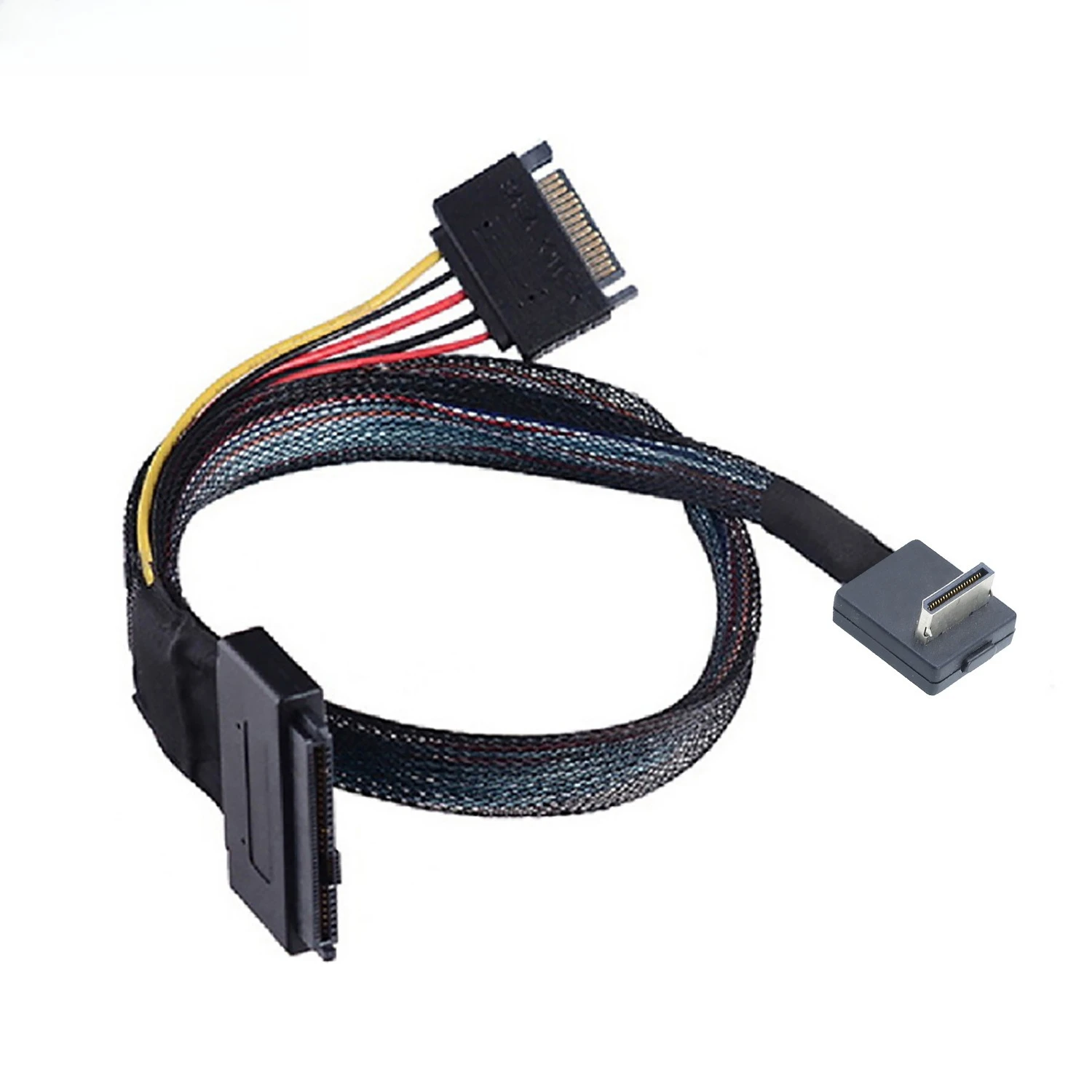 PCI-E Oculink SFF 8611 4I 90 درجة إلى الولايات المتحدة. 2 SAS SFF 8639 + 15P SATA تسخير محول طول الكابل اختياري 0.5M 1M
