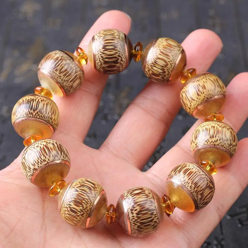 Collection Natural Dragon Blood Bamboo Bracelet Inlaid With Horn Amulet Hand String Full Golden Beads High-Grade Jewelry