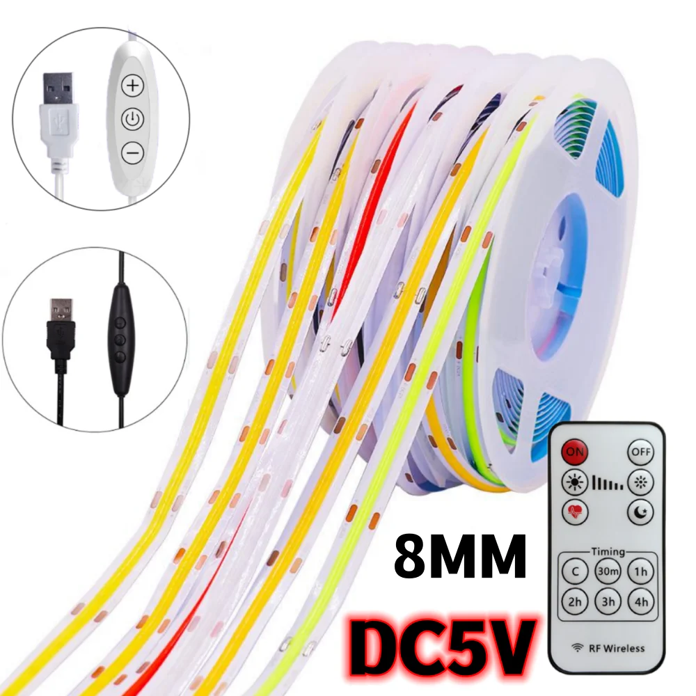 USB Dimmable LED Strip 5V RA90 COB diode Tape Rope Lamp With RF Remote Control 8MM Width 320LEDs/m Flexible Ribbon