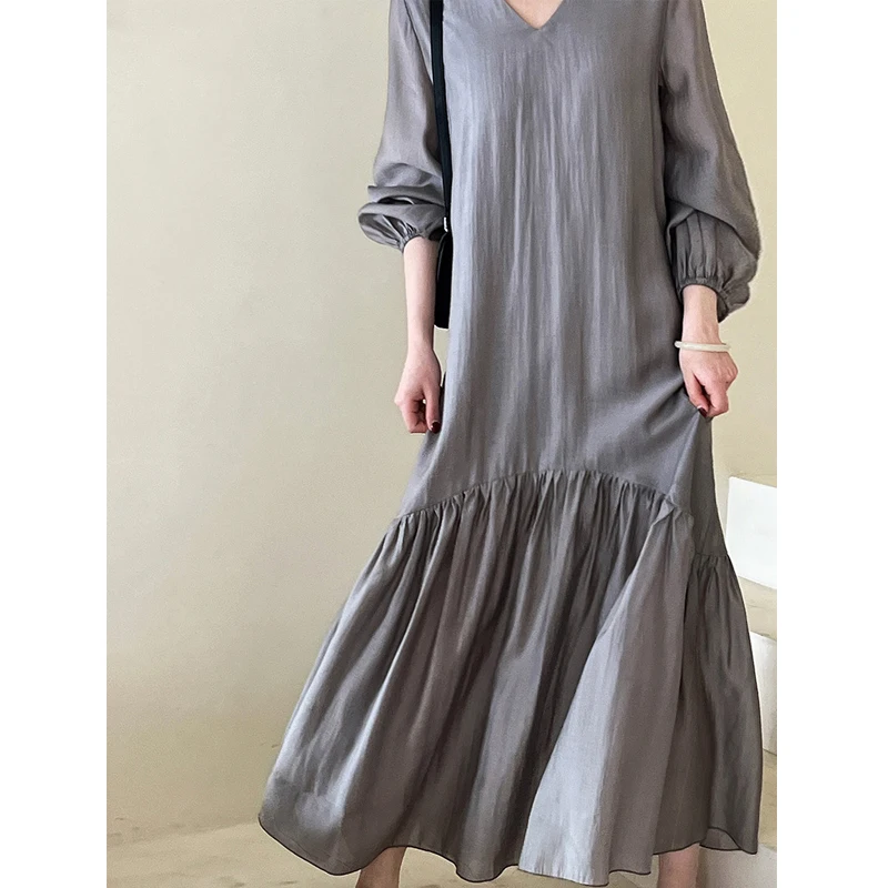 2024 New Arrival Women V-Neck Long Dress Loose Style Women Maxi Dress Sping Vestidos Clothes