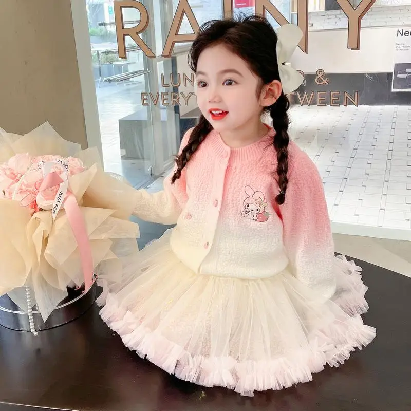 

Hot Sanrio Girl Sweater Skirt Set My Melody Kawaii Anime Fashion Student Tops Princess Dress 2-Piece Set Casual Children's Set
