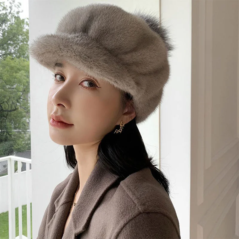 Korean Version New Women's Mink Baseball Hat Winter Thickened Trend Fashion Warm Duck Tongue Hat Leisure Outdoor Travel Beret