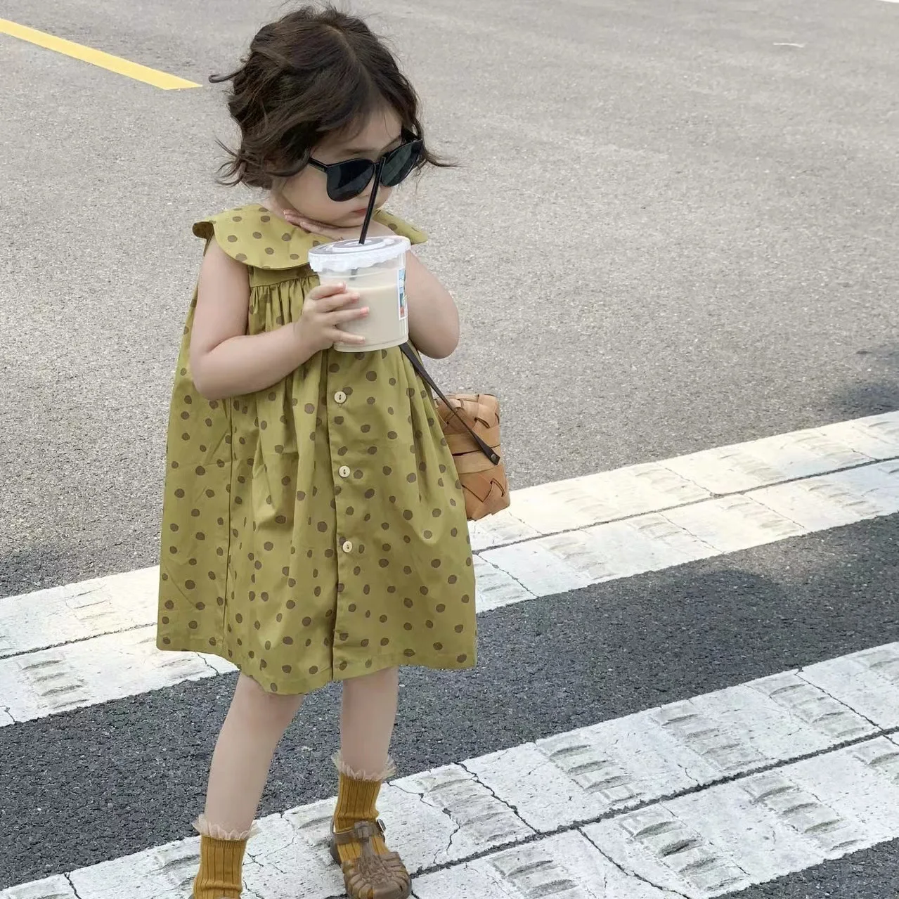 

Children's Clothing Set 2023 Summer New Girls' Dress Polka-dot Doll Collar Sleeveless Skirt Dress Casual Dress