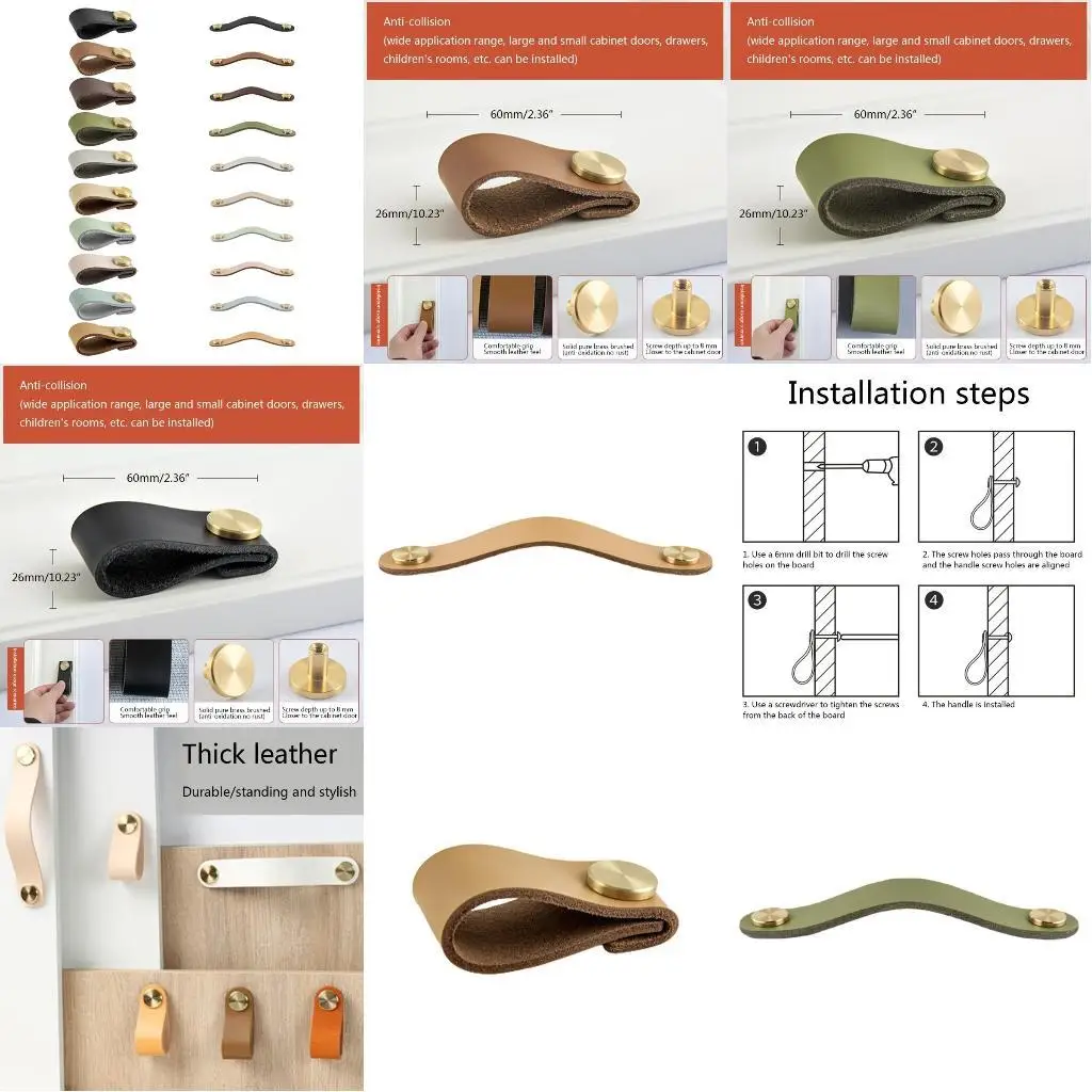 

652F Handmade Leather Pull with Brass Screw Cupboard Cabinet Handle Door Pulls Hardware for Multiple Furnitures Decoration