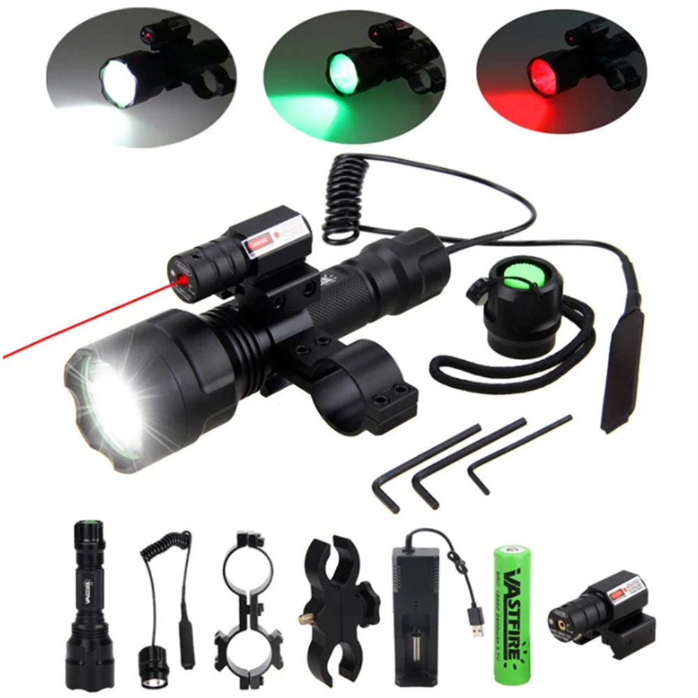 Hunting Flashlight Rifle Lantern waterproof Armas Light+Laser Dot Sight+Switch+Rail Barrel Mount+18650+Charger