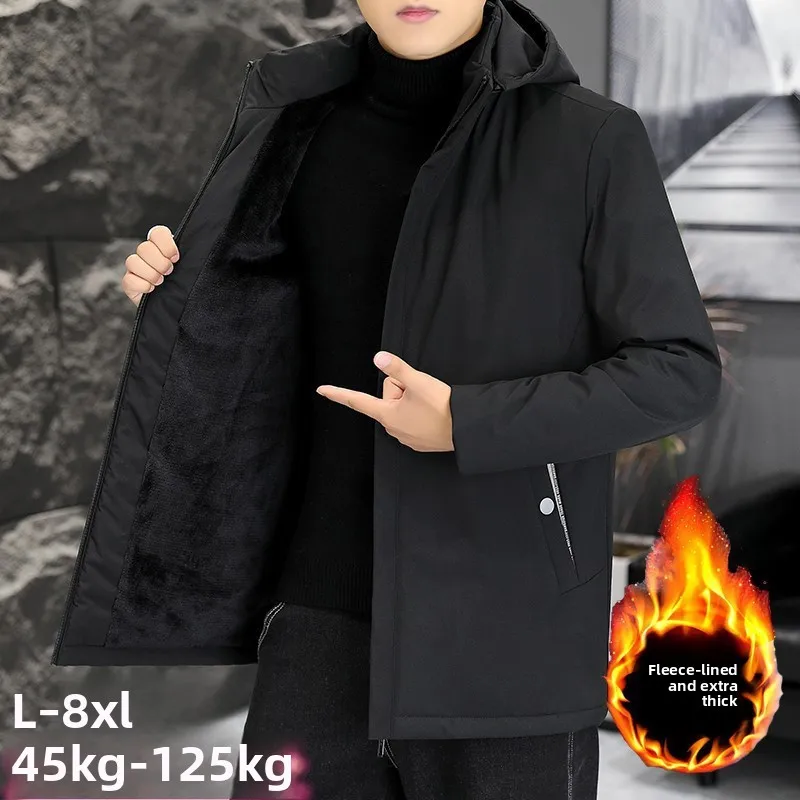 

New Plus Size Men's Winter Warm Jacket Fleece Parka Coat Black Hooded Windbreaker Outwear Fleec Jacket Long Parkas 8XL