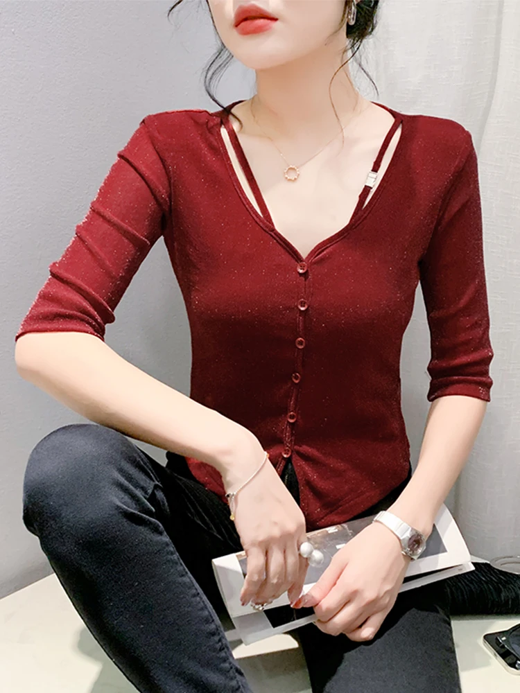 Bla Me Camiseta feminina verão sexy profundo V-ne apertado assimétrico fenda cinco quartos Sve Street Sle Slim Fit T-irt